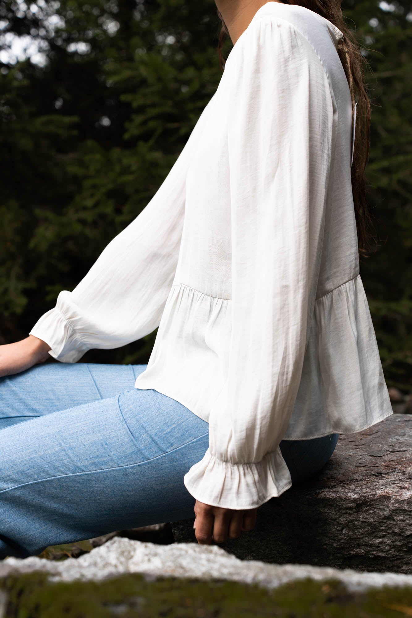 Satin look blouse with round neck