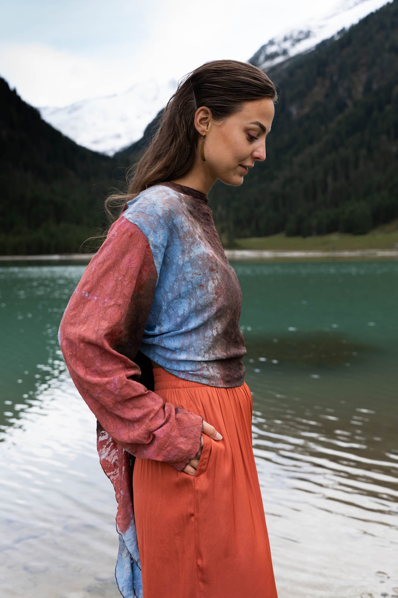 Lace cardigan with tie dye print