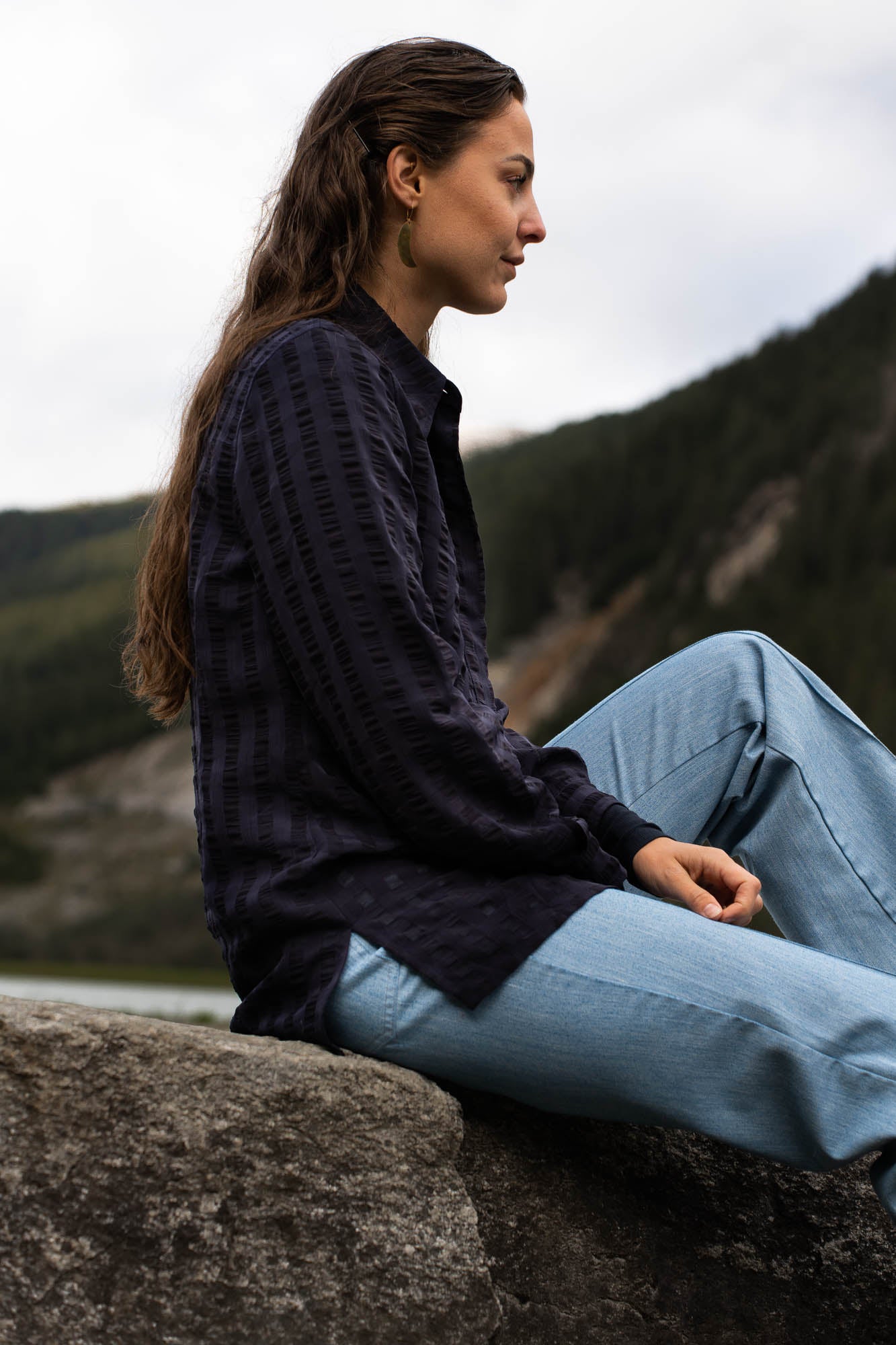Dark blue blouse with mesh parts