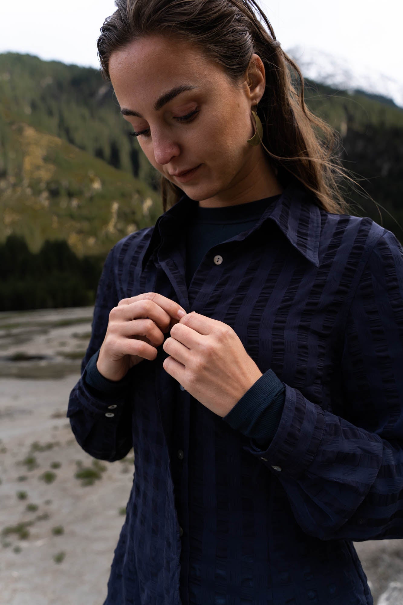Dark blue blouse with mesh parts