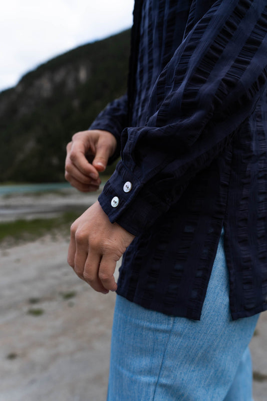 Dark blue blouse with mesh parts